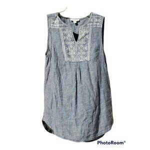 BEACH LUNCH LOUNGE Sleeveless Tunic Top Linen Blend XS Blue Embroidered Boho